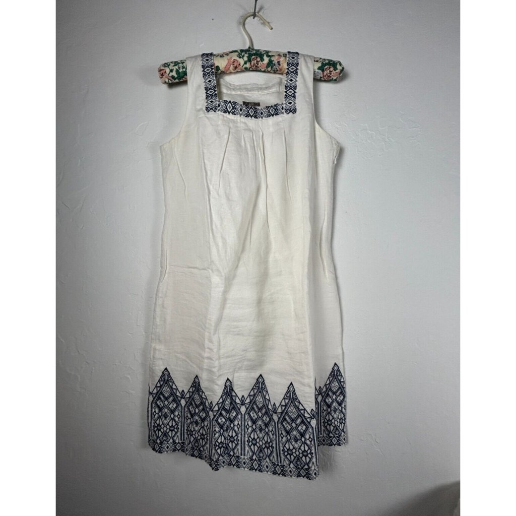 J. Jill Womens White Linen Embroidered Shift Dress Xs Petite Sleeveless Lined